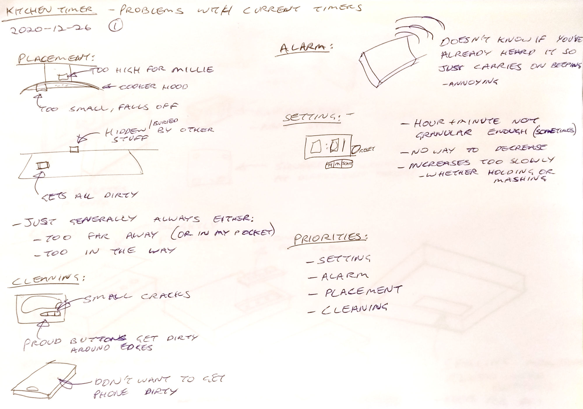 Page of sketched notes, highlighting problems with existing timers