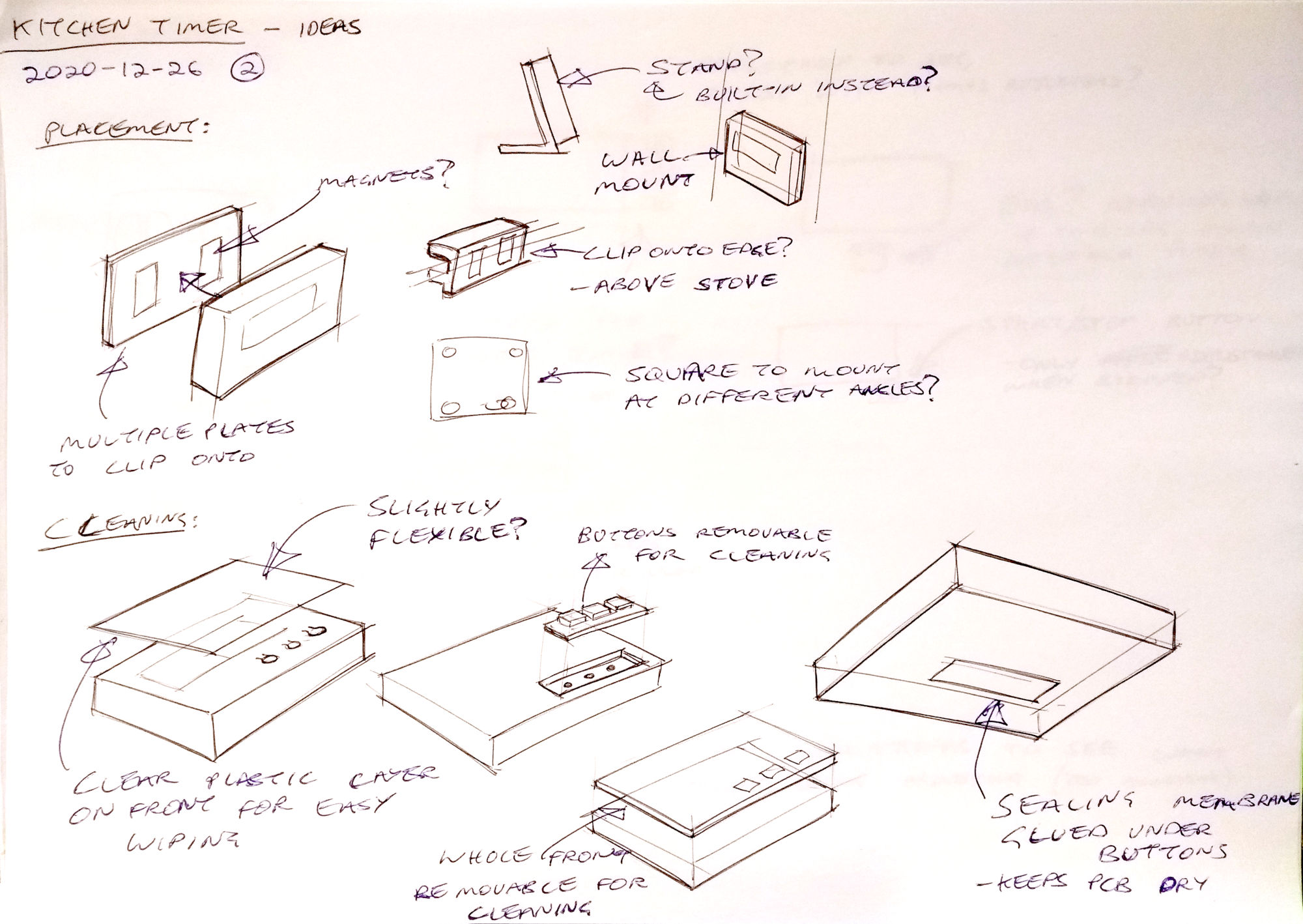 Page of sketched ideas about alarm placement and cleaning