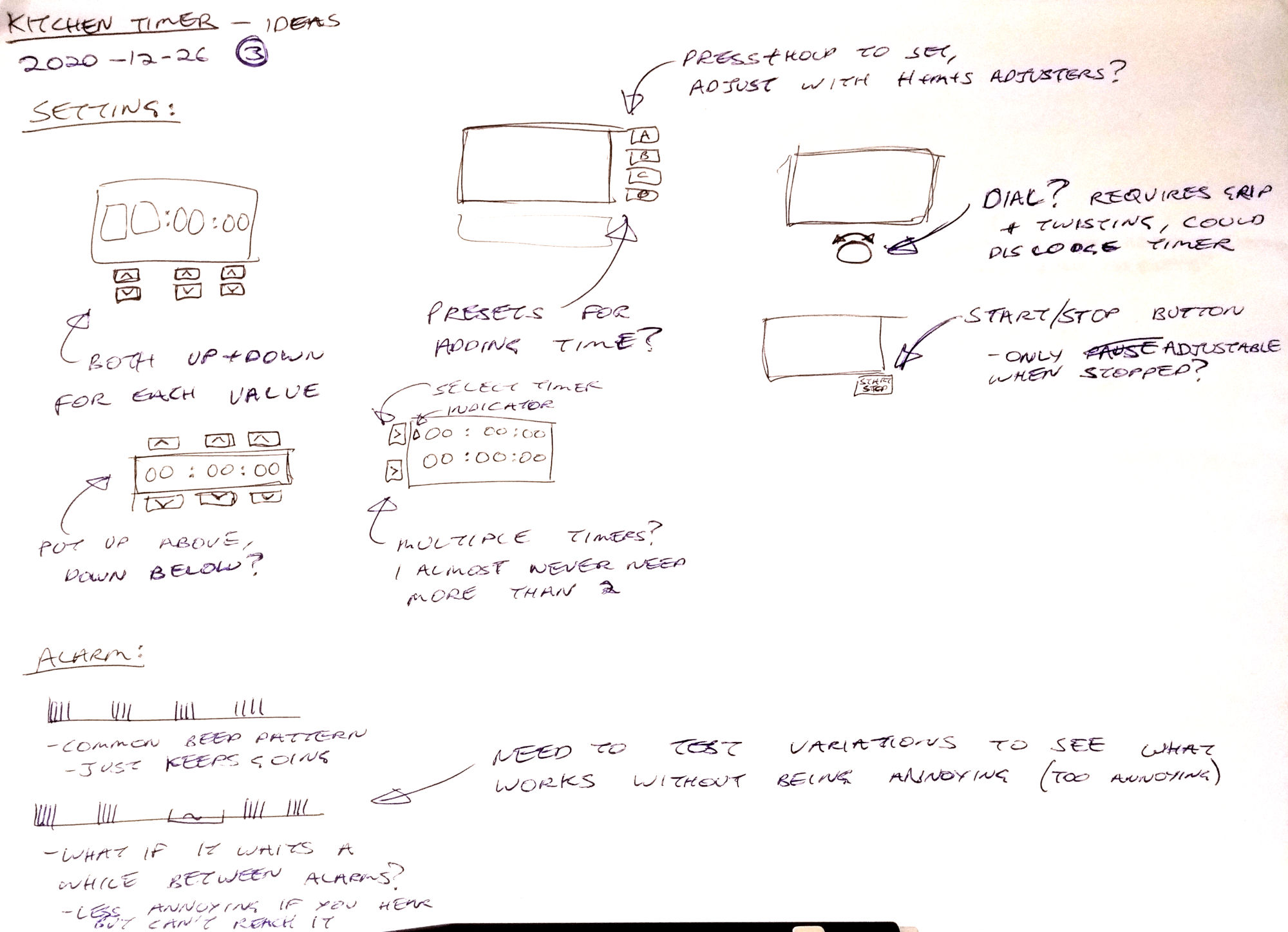 Page of sketched ideas about time setting and alarm patterns