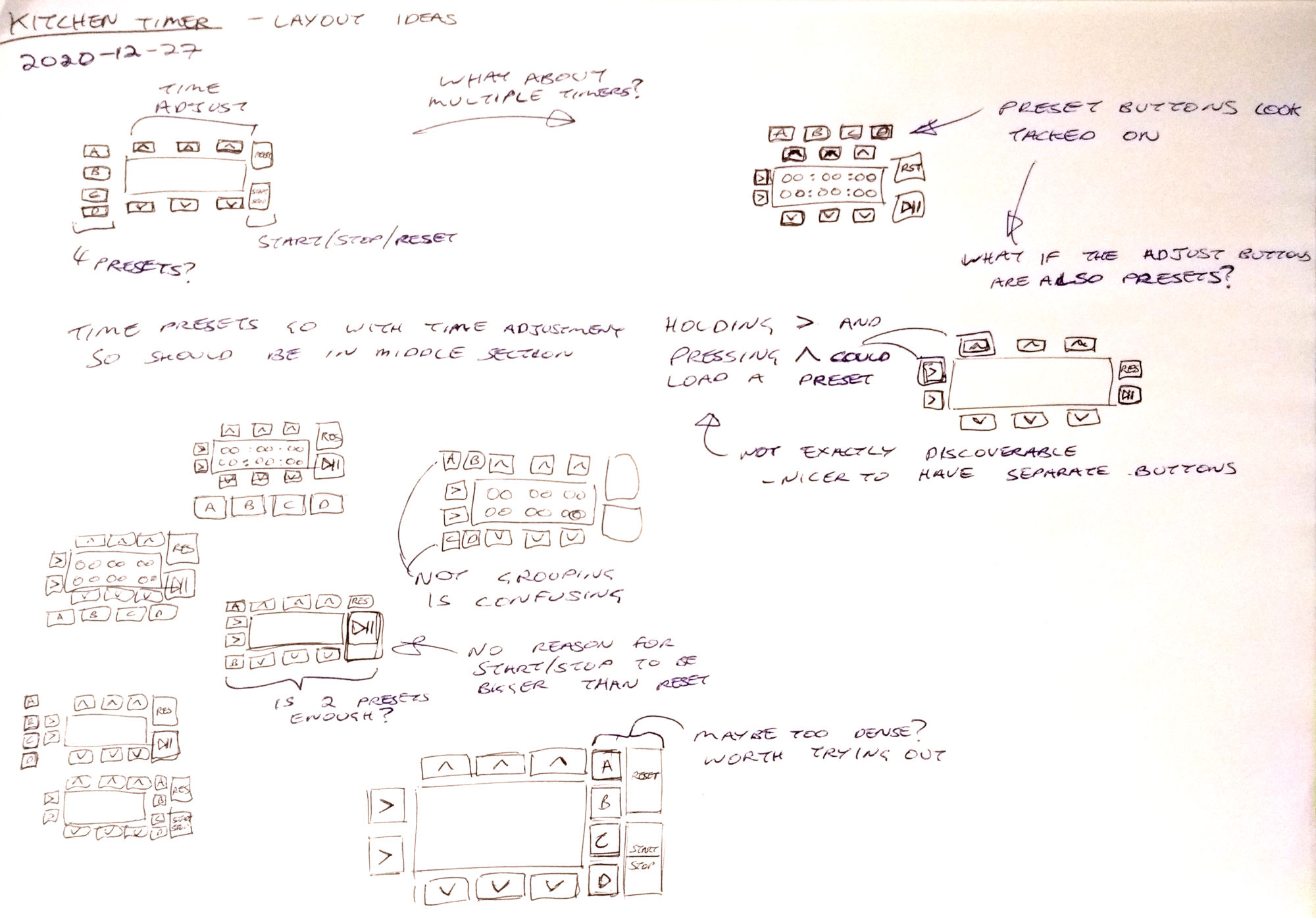Page of sketched ideas for timer button layout