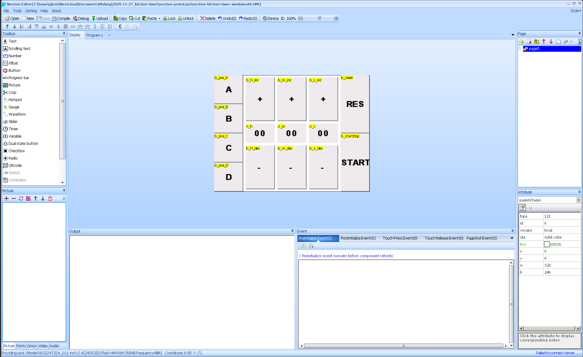 Screenshot of Nextion IDE with timer UI