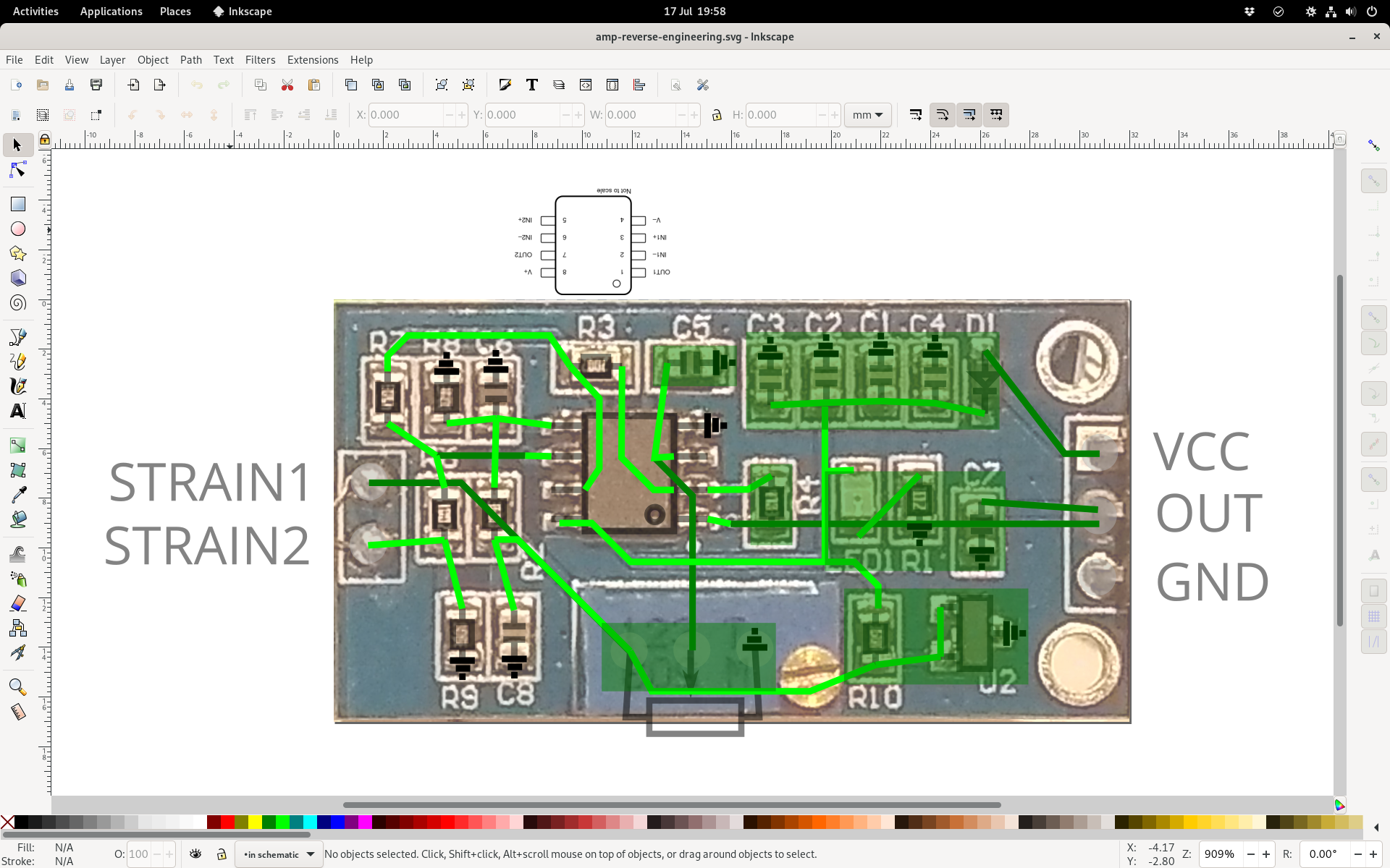 I still missed a few traces the first time round! Inkscape screenshot showing photo of the PCB, with green lines drawn on it where the traces are.