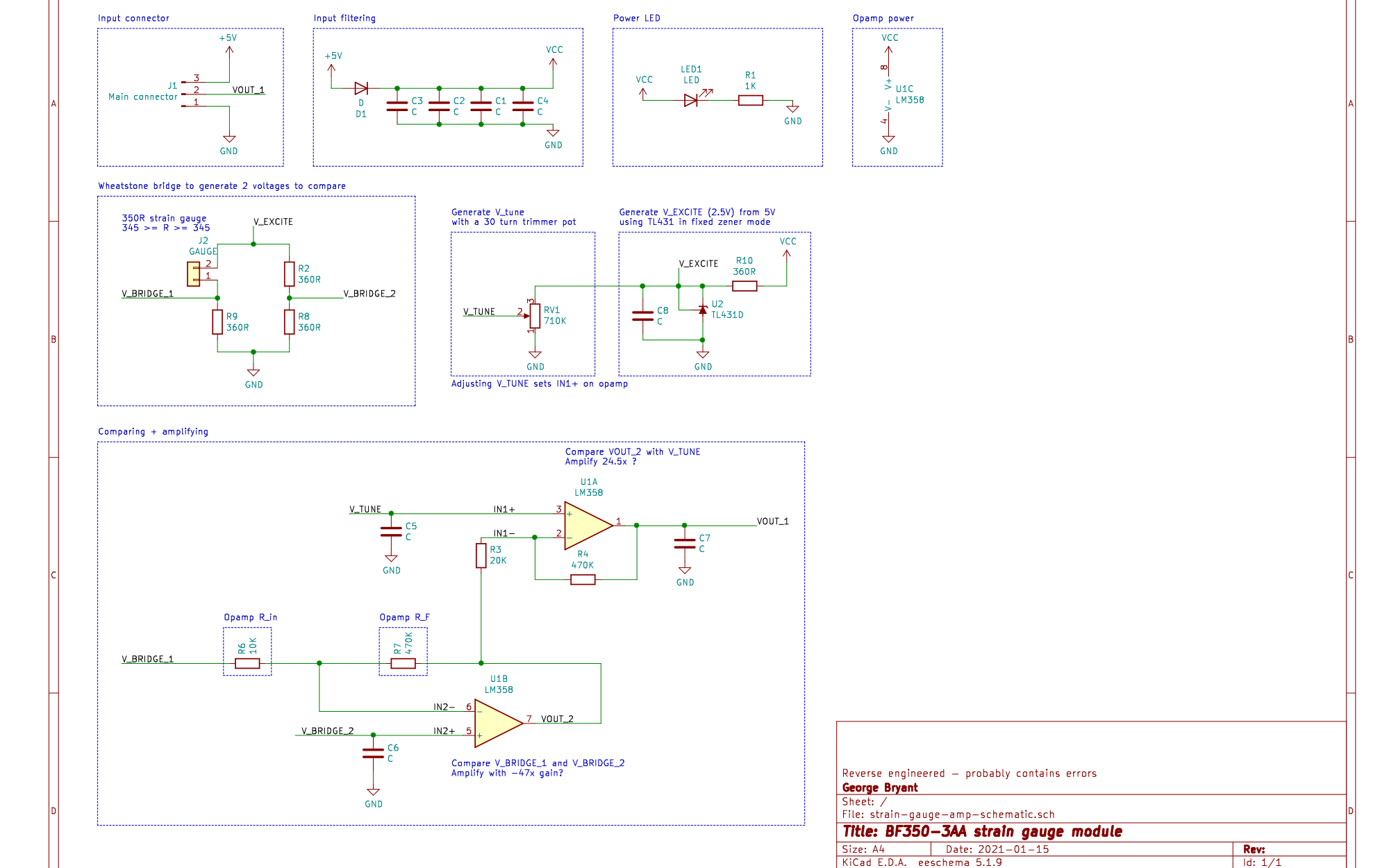 Screenshot of the schematic. It's quite small but there's a bridge circuit and two operational amplifiers.