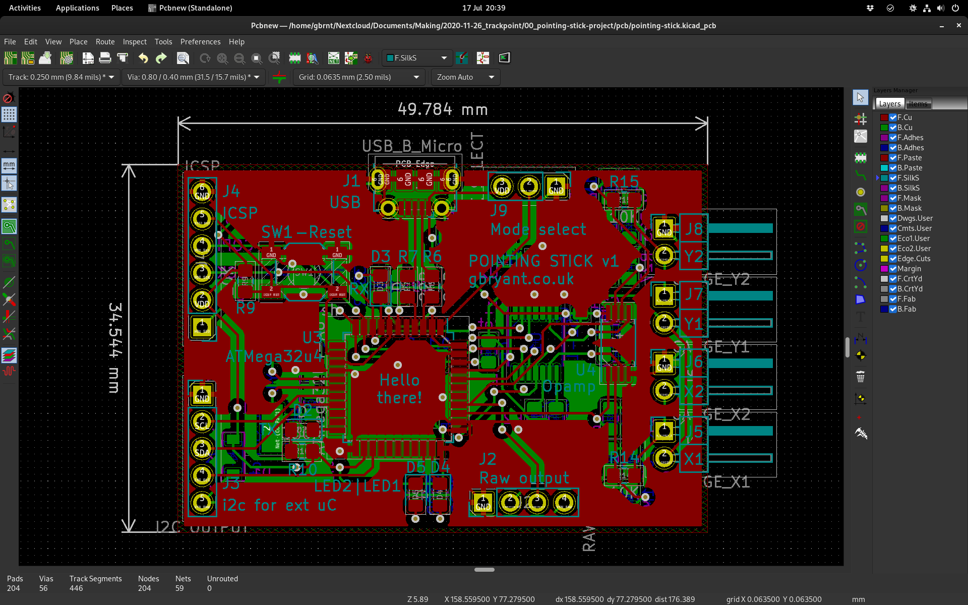 PCB layout of the pointing stick. There's a cheeky little 'Hello there!' underneath where the microcontroller will sit.