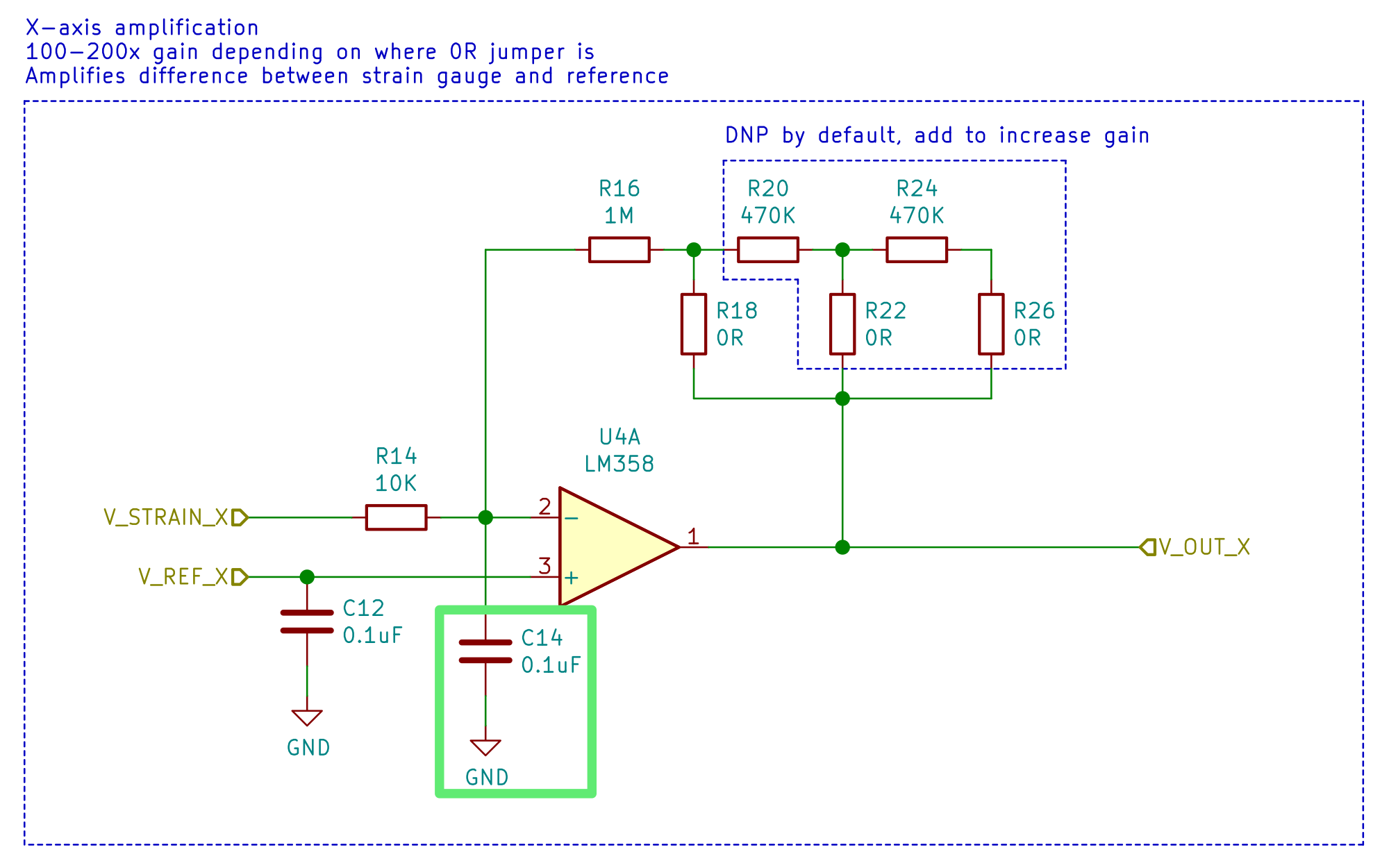 The X-axis opamp part of the schematic, with a smoothing capacitor, C14, added.