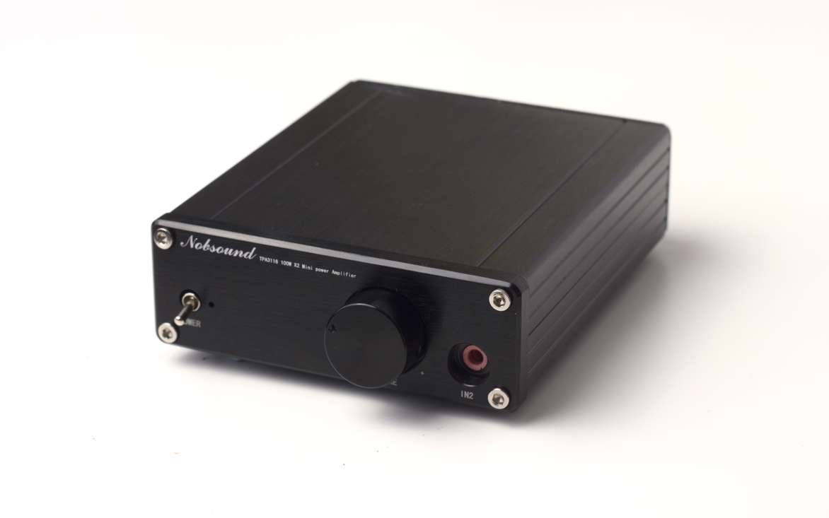 Front of Nobsound mini amp, showing it only has a volume knob