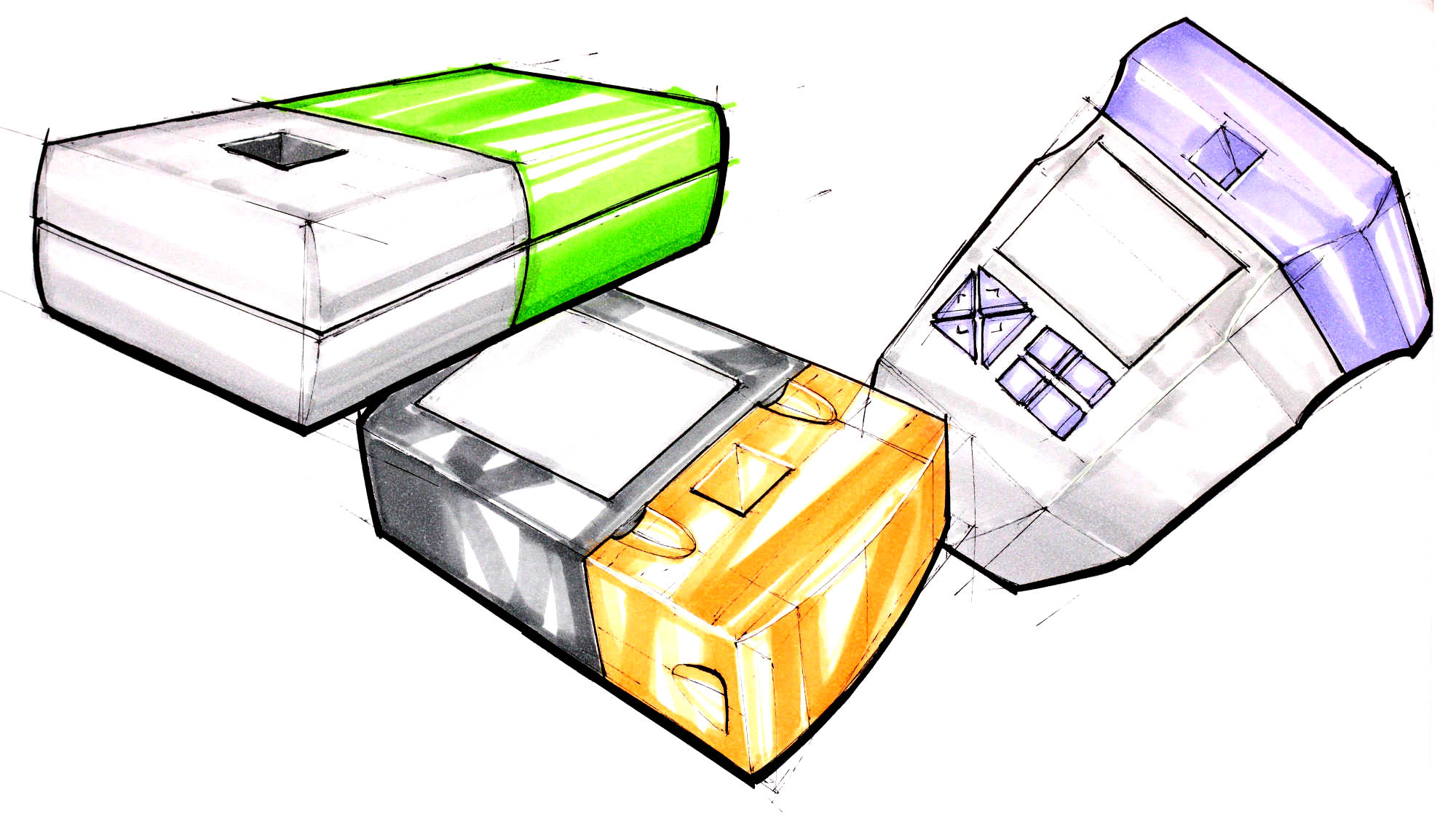 3 quickly marker rendered sketches of different styles for the spectrometer. 1 has no features except a hole for the sample, another has a screen added, a third is handheld-looking and has a screen and buttons