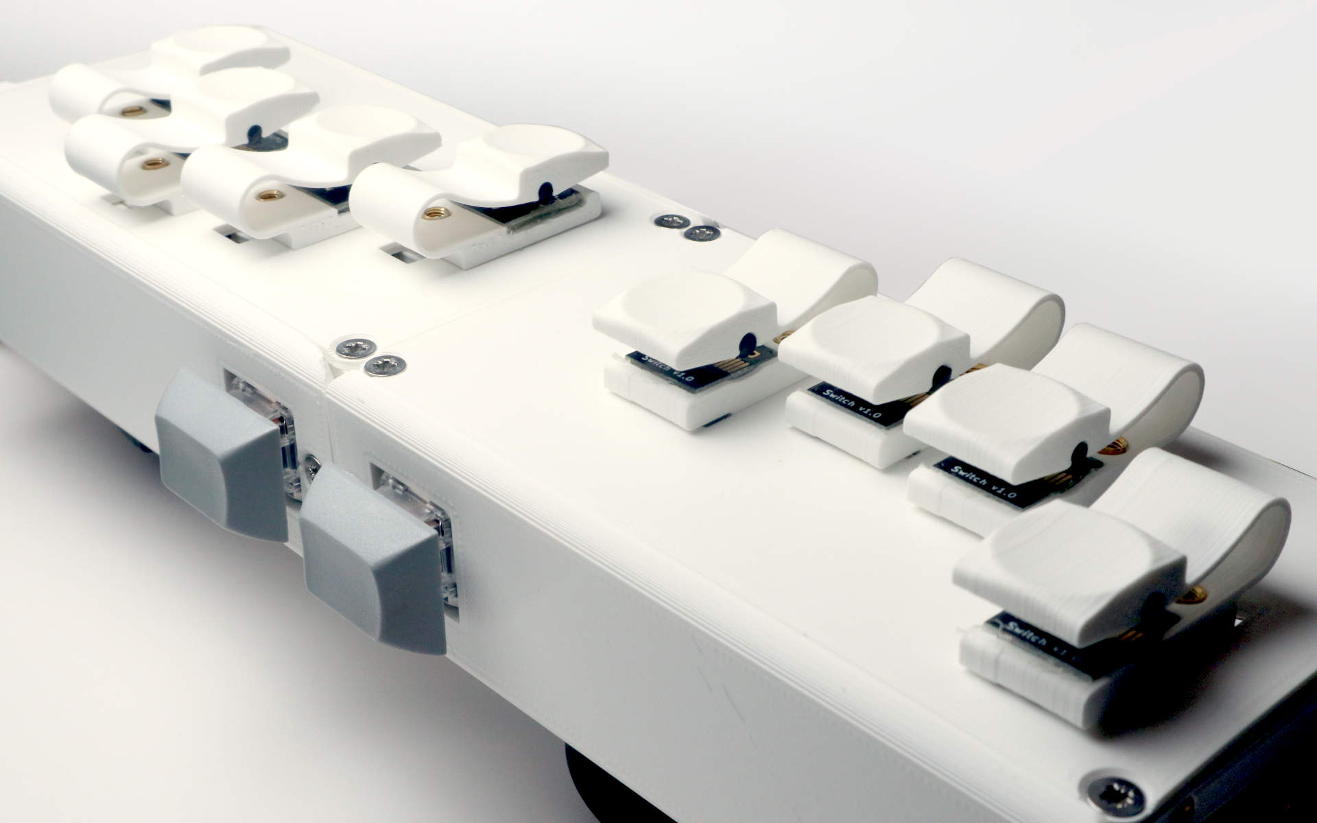 Close-up of the keys on a 3D printed prototype. The side keys are keyboard keys with standard keycaps, while the front finger keys are 3D printed flexure keys.